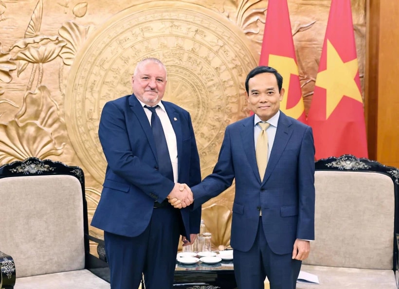 Head of the Party Central Committee's Commission for Policies and Strategies Tran Luu Quang (R) and President of the Hungarian Socialist Party Komjáthi Imre. (Photo: VNA)