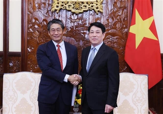 State President Luong Cuong (R) hosts a reception for Japanese Ambassador to Vietnam Ito Naoki in Hanoi on June 6. (Photo: VNA)