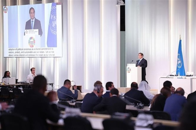 Prime Minister Pham Minh Chinh speaks at the plenary session of the 3rd United Nations Ocean Conference (UNOC 3) in Nice, France, on June 9. (Photo: VNA) 2pm-pham-minh-chinh-unoc-nice-vna.jpg