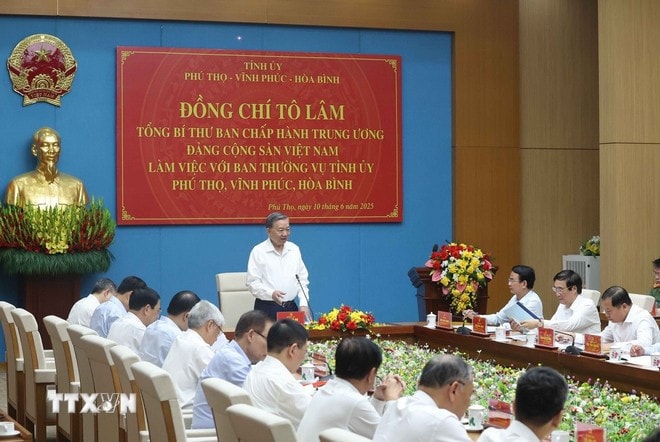 Party General Secretary To Lam works with Standing Boards of the Party Committees of Phu Tho, Vinh Phuc and Hoa Binh on June 10 (Photo: VNA) tong-bi-thu-to-lam-4-resize.jpg