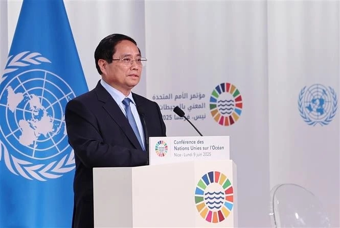 Prime Minister Pham Minh Chinh speaks at the plenary session of the 3rd United Nations Ocean Conference (UNOC 3) in Nice, France, on June 9. (Photo: VNA)