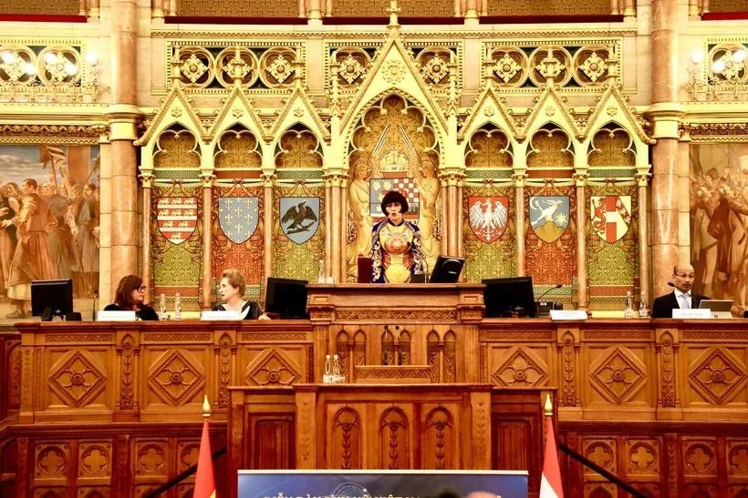 Dr Phan Bich Thien, President of the Vietnamese Women’s Forum in Europe and head of the organising committee, speaks at the event on June 15. (Photo: VNA)