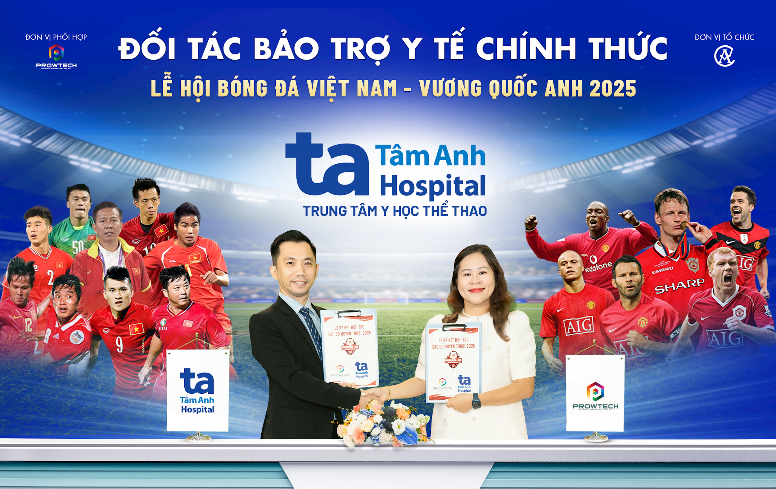 Lễ công bố Bệnh viện Tâm Anh là đối tác bảo trợ y tế và đồng hành cùng sáu “huyền thoại” Manchester Reds tại Việt Nam. Ảnh_ Hệ thống BVĐK Tâm Anh