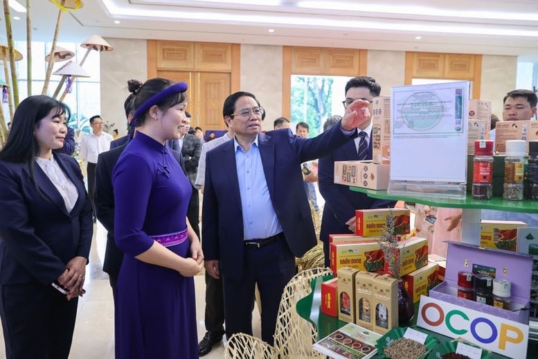 Thủ tướng Phạm Minh Chính cùng các đại biểu đã tham quan các gian trưng bày các sản phẩm nông nghiệp tiêu biểu - Ảnh Nhật Bắc