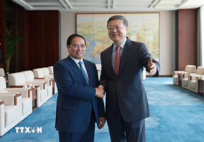 Thủ tướng Phạm Minh Chính gặp Bí thư Thành ủy Thượng Hải Trần Cát Ninh. (Ảnh: Dương Giang/TTXVN) ttxvn-thu-tuong-pham-minh-chinh-gap-bi-thu-thanh-uy-thuong-hai-tran-cat-ninh-2606-4.jpg
