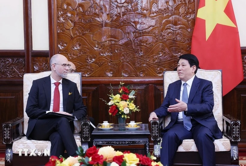 Chủ tịch nước Lương Cường tiếp Đại sứ Canada tại Việt Nam Shawn Steil đến chào từ biệt. (Ảnh: Lâm Khánh/TTXVN)