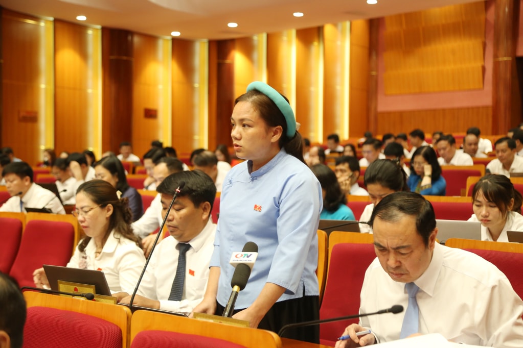 Đại biểu Sẻn Thị Hỷ, tổ đại biểu HĐND TP Móng Cái, phát biểu thảo luận tại hội trường.