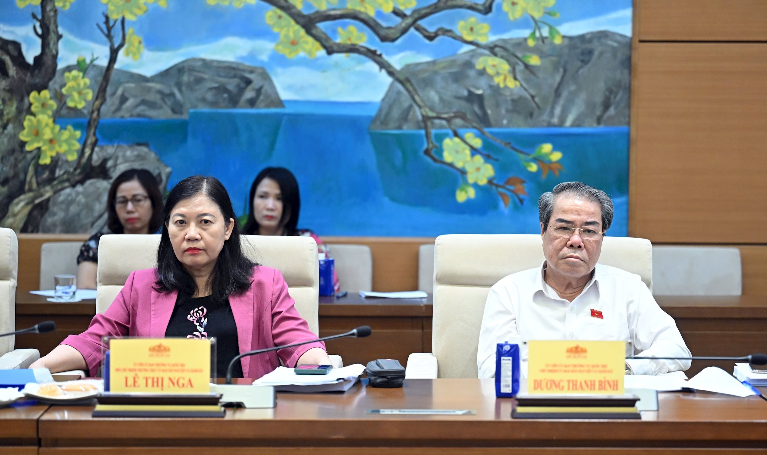 Chủ nhiệm Ủy ban Dân nguyện và Giám sát Dương Thanh Bình; Phó Chủ nhiệm Thường trực Ủy ban Dân nguyện và Giám sát Lê Thị Nga tại Phiên họp