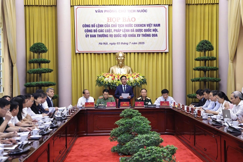 Deputy head of the Presidential Office Pham Thanh Ha (centre) speaks at the press conference on July 3. (Photo: VNA)