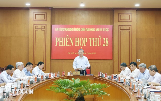 Tổng Bí thư Tô Lâm, Trưởng Ban Chỉ đạo Trung ương về phòng chống tham nhũng, lãng phí, tiêu cực phát biểu. (Ảnh: Thống Nhất/TTXVN) ttxvn-tong-bi-thu-chu-tri-phien-hop-thu-28-ban-chi-dao-trung-uong-ve-phong-chong-tham-nhung-lang-phi-tieu-cuc-0707-2.jpg