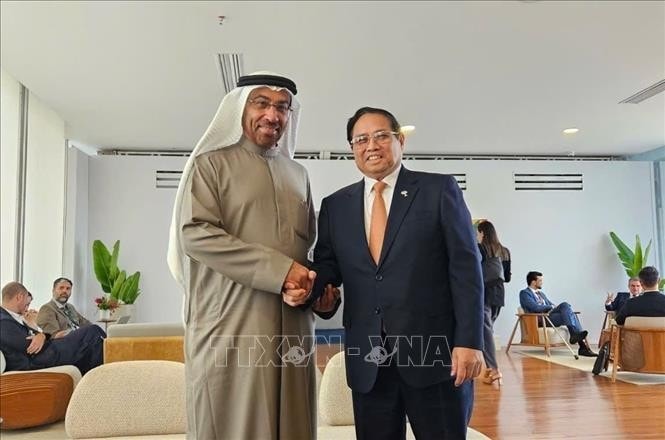 Prime Minister Pham Minh Chinh (R) meets with UAE Minister of State for Foreign Affairs Ahmed Ali Bin Al Sayegh in Rio de Janeiro on July 7 (Photo: VNA)