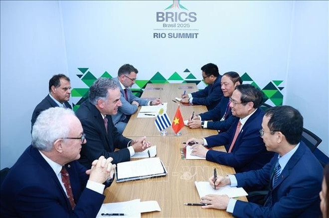 At the meeting between Prime Minister Pham Minh Chinh and President of Uruguay on the sidelines of the expanded BRICS summit in Rio de Janeiro on July 7 (local time). (Photo: VNA) uuid13a0523c-4f19-400f-994d-d6acc23a3a06code001library1type1mode1loctruecaptrue.jpg