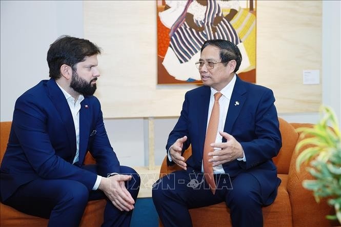 Prime Minister Pham Minh Chinh (R) meets with Chilean President Gabriel Boric Font in Rio de Janeiro on July 7 (Photo: VNA)