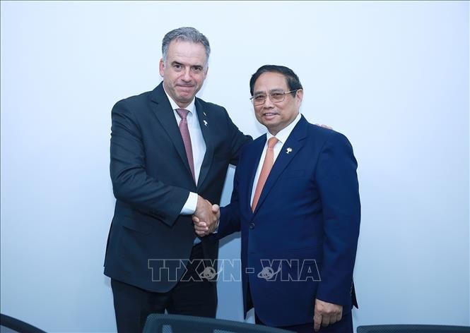 Prime Minister Pham Minh Chinh (R) meets with President of Uruguay on the sidelines of the expanded BRICS summit in Rio de Janeiro on July 7 (local time). (Photo: VNA)