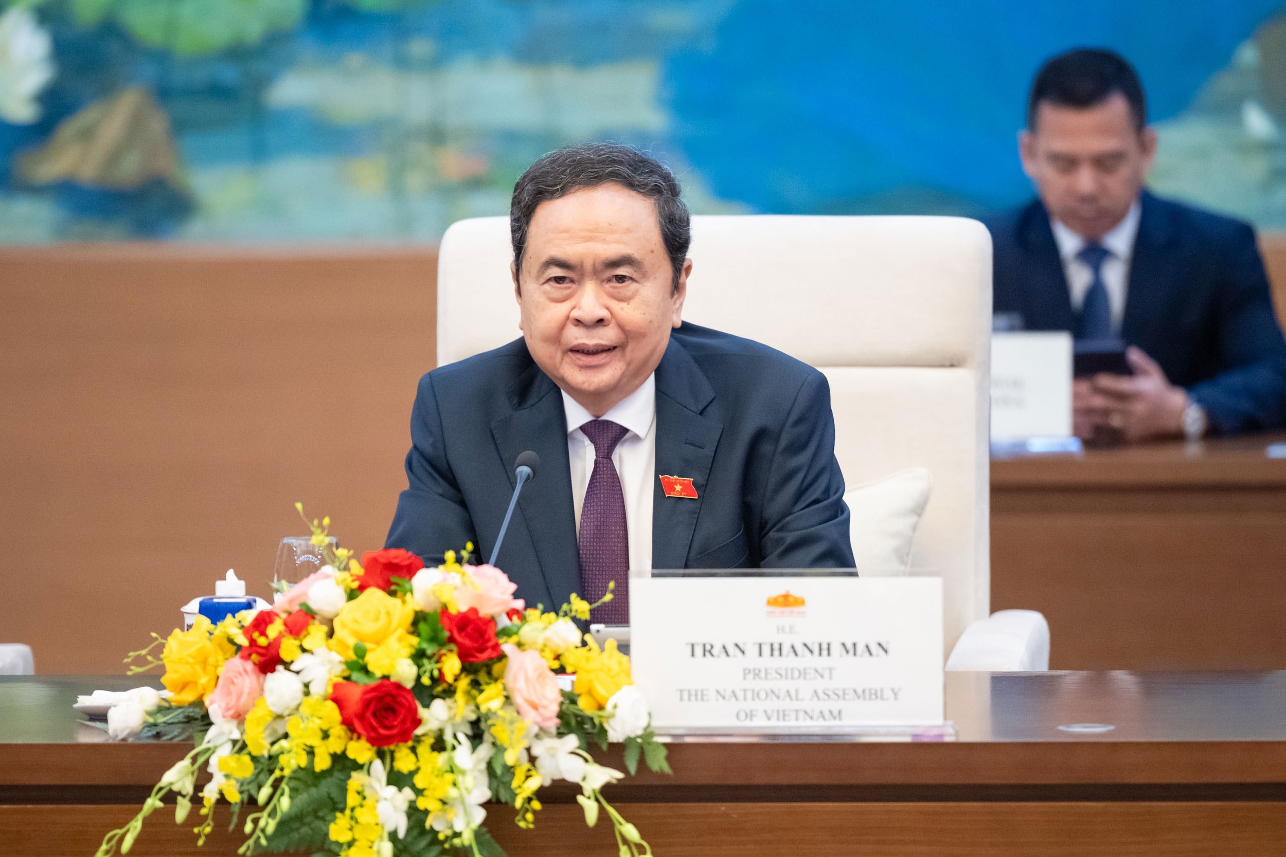 Chủ tịch Quốc hội Trần Thanh Mẫn phát biểu tại cuộc tiếp. Ảnh: Phạm Thắng