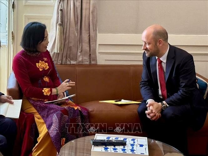 National Assembly Vice Chairwoman Nguyen Thi Thanh (L) holds talks with French Senate Vice President Loic Hervé. (Photo: VNA)