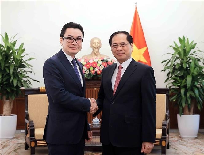 Deputy Prime Minister and Minister of Foreign Affairs Bui Thanh Son (R) and Secretary of State Ung Rachana from the Cambodian Ministry of Foreign Affairs and International Cooperation (Photo: VNA)