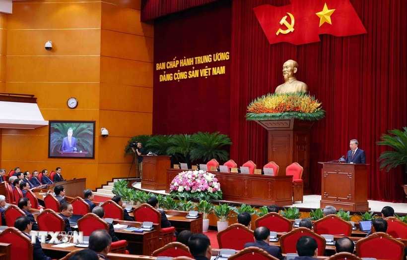Tổng Bí thư Tô Lâm phát biểu bế mạc Hội nghị lần thứ 12 Ban Chấp hành Trung ương Đảng khóa XIII. Ảnh: Phạm Kiên.TTXVN