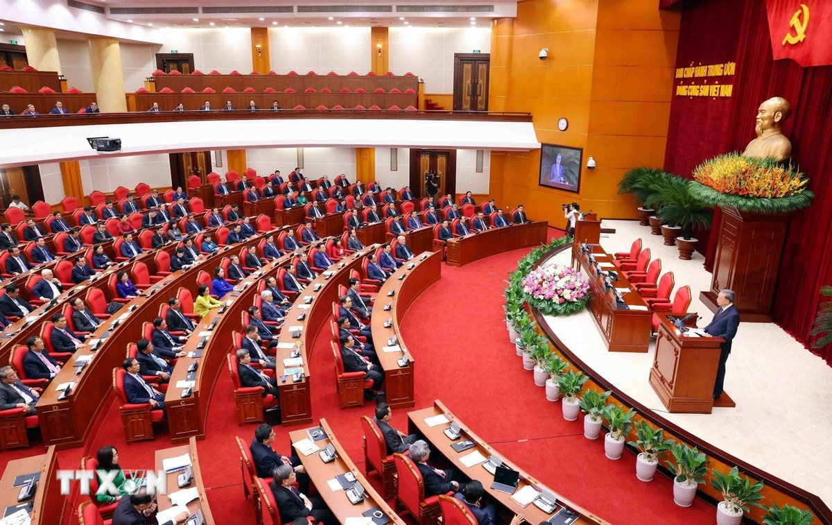 Tổng Bí thư Tô Lâm phát biểu bế mạc Hội nghị lần thứ 12 Ban Chấp hành Trung ương Đảng khóa XIII. Ảnh: Phạm Kiên/TTXVN