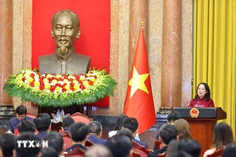 Phó Chủ tịch nước Võ Thị Ánh Xuân phát biểu tại buổi gặp mặt. (Ảnh: Minh Đức/TTXVN)