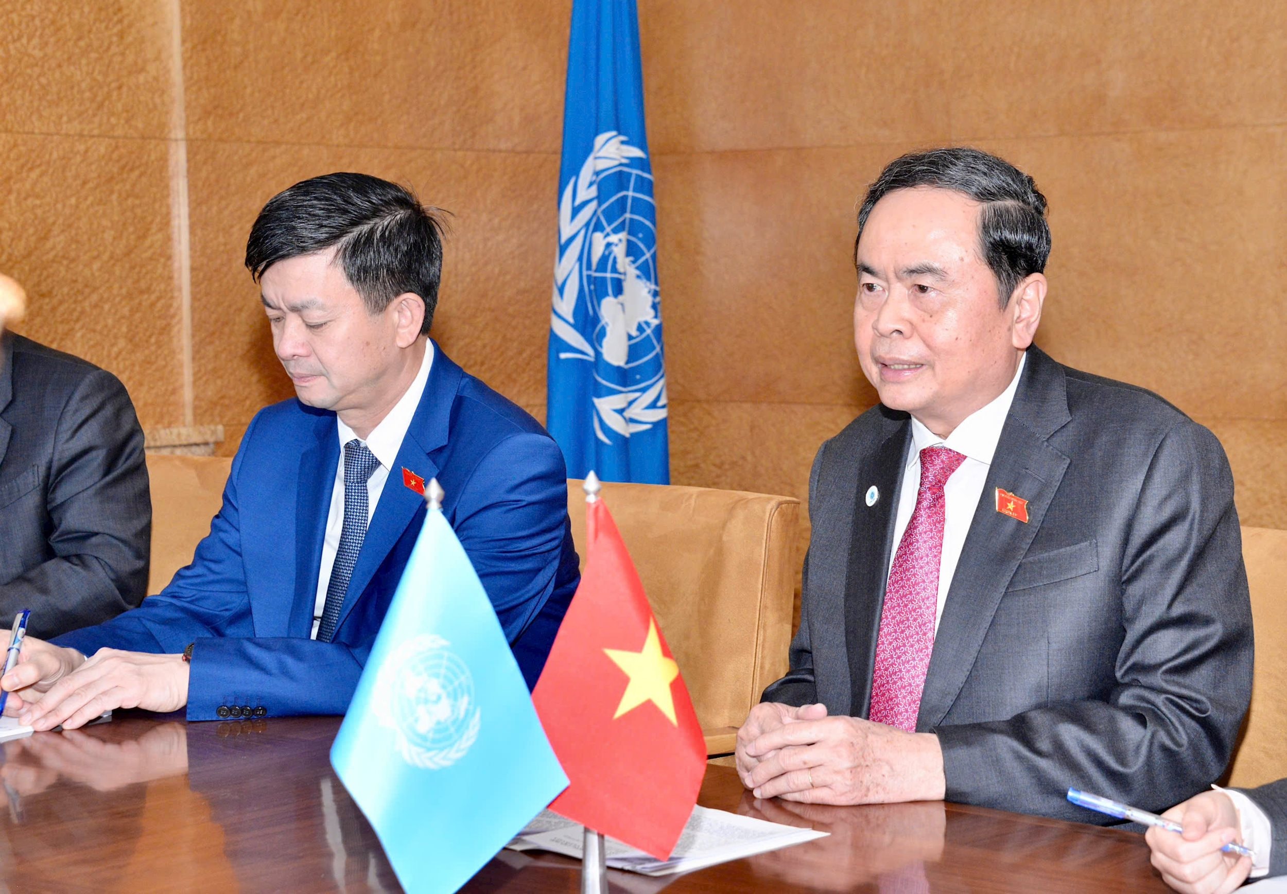 Chủ tịch Quốc hội Trần Thanh Mẫn phát biểu tại cuộc gặp Tổng Giám đốc Văn phòng Liên Hợp Quốc tại Geneva Tatiana Valovaya