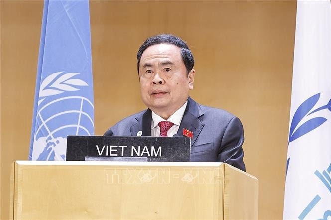 Chairman of the Vietnamese National Assembly (NA) Tran Thanh Man addresses a general debate of the sixth World Conference of Speakers of Parliament (Photo: VNA)