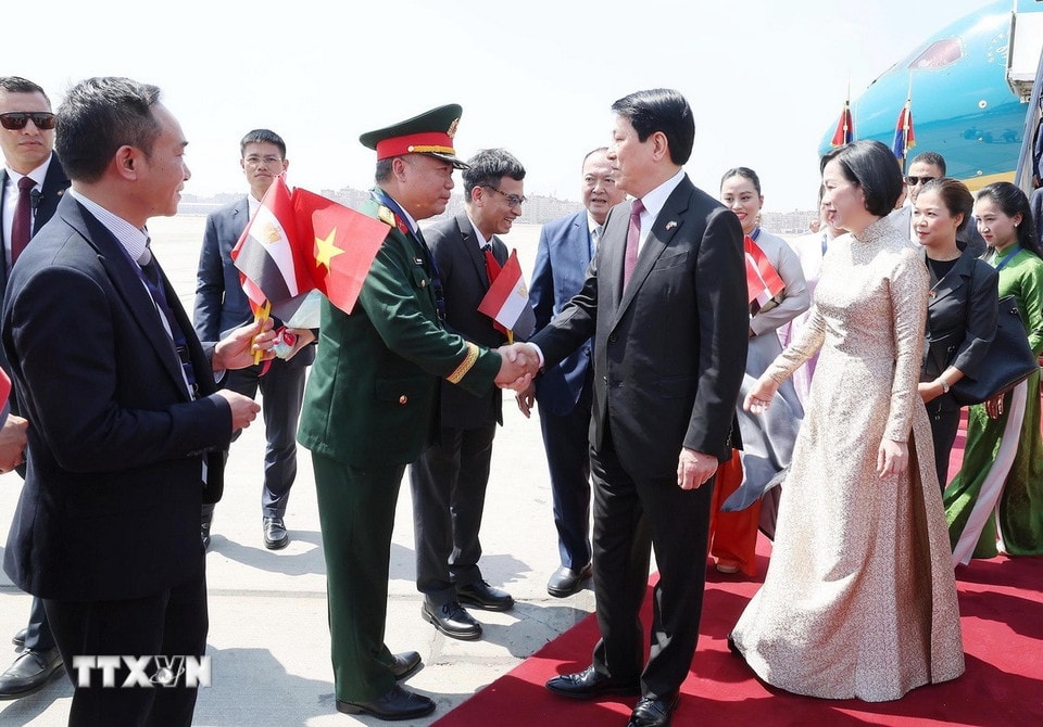 Đại biểu đón Chủ tịch nước Lương Cường và Phu nhân tại sân bay quốc tế Cairo, Ai Cập. Ảnh: Lâm Khánh/TTXVN