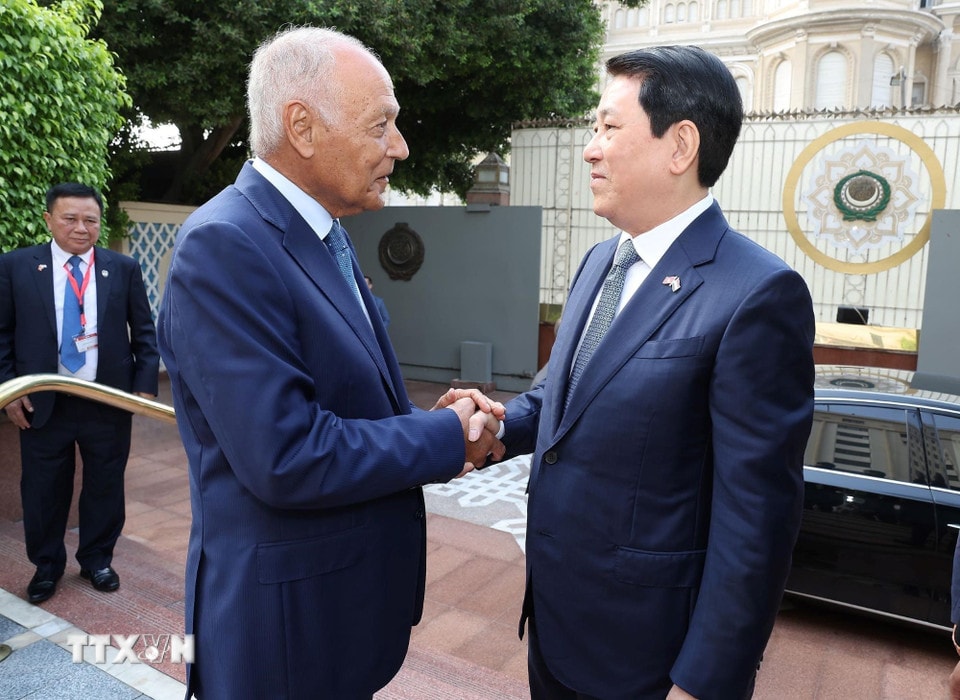 Tổng Thư ký Liên đoàn Arab Ahmed Aboul Gheit đón Chủ tịch nước Lương Cường. (Ảnh: Lâm Khánh/TTXVN)