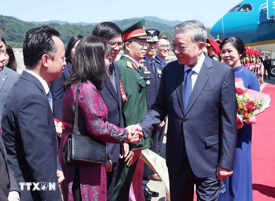 Cán bộ, nhân viên Đại sứ quán và cộng đồng người Việt Nam tại Hàn Quốc đón Tổng Bí thư Tô Lâm và Phu nhân ở Sân bay quân sự Seongnam. (Ảnh: Thống Nhất/TTXVN)