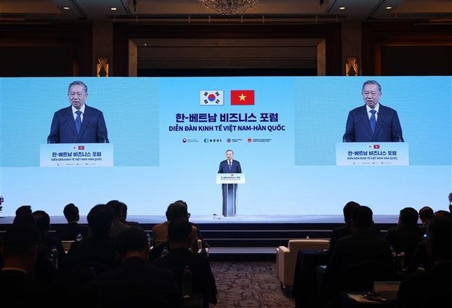 General Secretary of the Communist Party of Vietnam Central Committee To Lam speaks at the forum. (Photo: VNA) vna-potal-tong-bi-thu-to-lam-va-thu-tuong-han-quoc-du-dien-dan-kinh-te-viet-nam-han-quoc-8205112.jpg