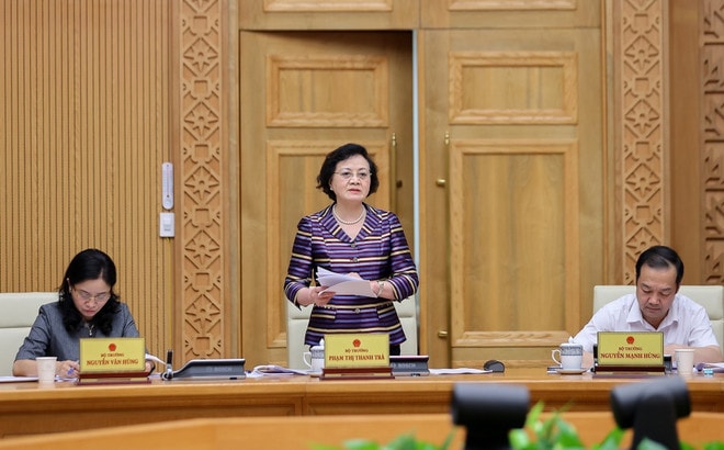 Minister of Home Affairs Pham Thi Thanh Tra speaks at the meeting (Photo: VNA) vna-potal-thu-tuong-chu-tri-cuoc-hop-thao-go-vuong-mac-trong-thuc-hien-chinh-quyen-dia-phuong-hai-cap-8229891.jpg