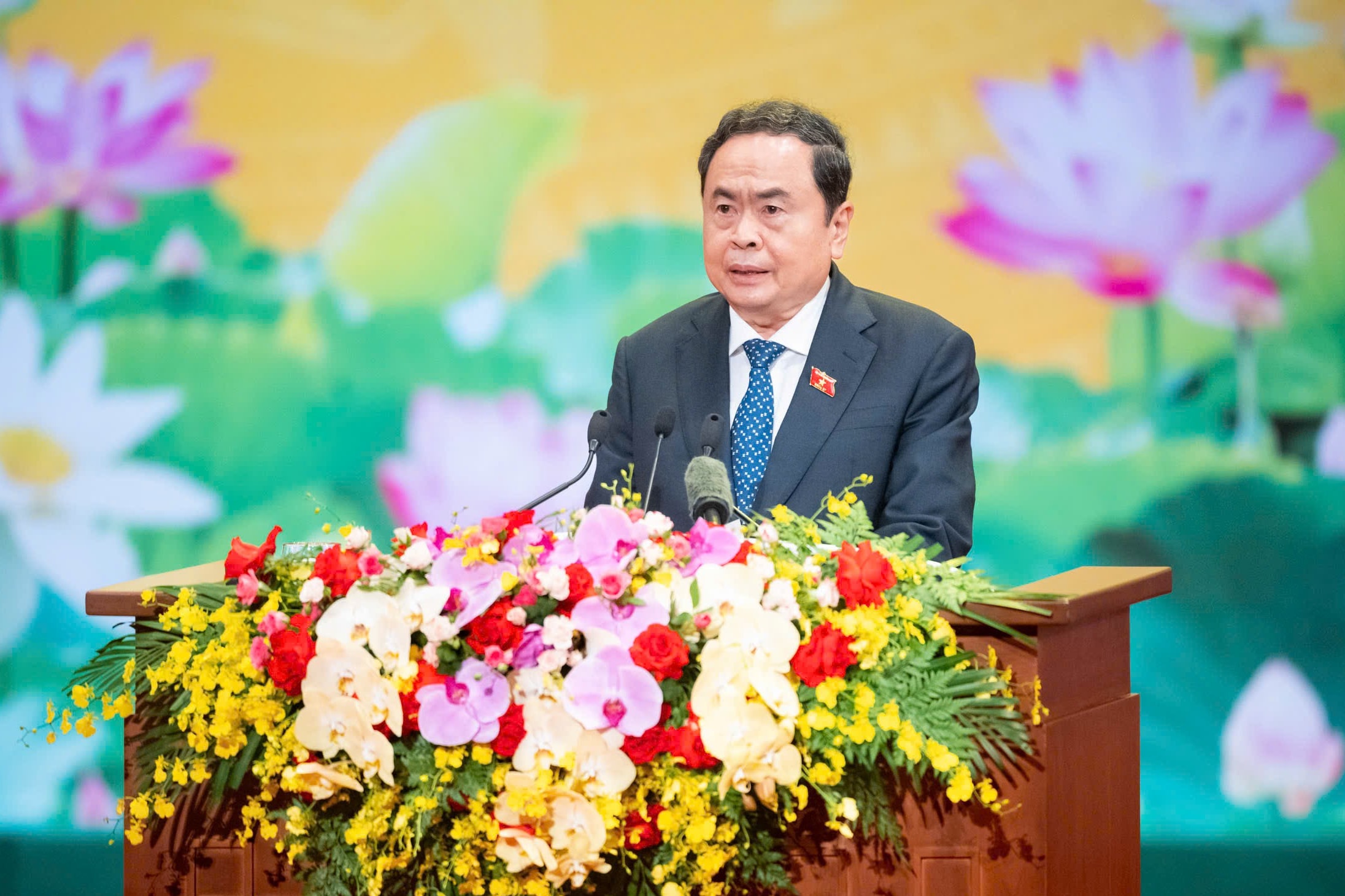 Chủ tịch Quốc hội Trần Thanh Mẫn phát biểu tại cuộc gặp mặt. Ảnh: Phạm Thắng