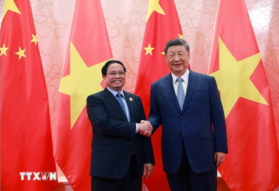 Thủ tướng Phạm Minh Chính hội kiến Tổng Bí thư, Chủ tịch nước Trung Quốc Tập Cận Bình. (Ảnh: Dương Giang/TTXVN)