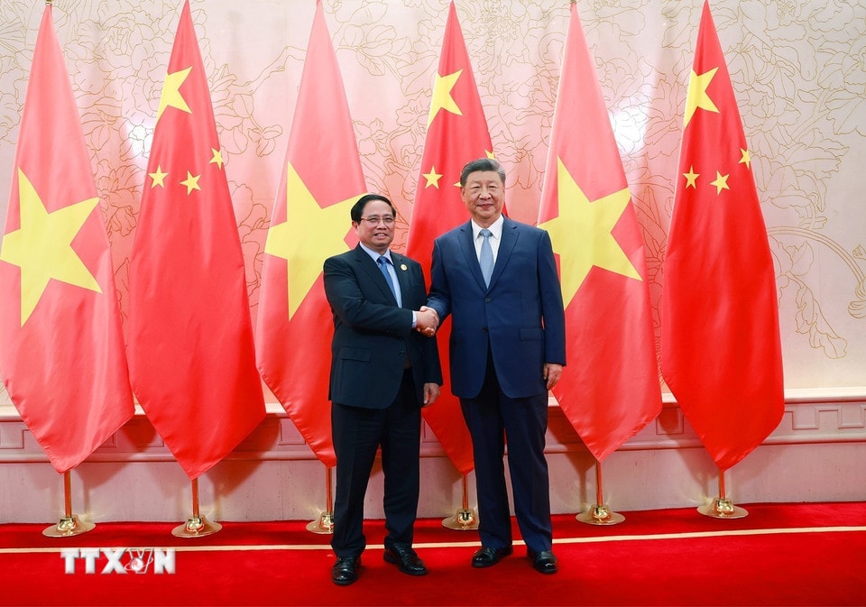 Thủ tướng Phạm Minh Chính hội kiến Tổng Bí thư, Chủ tịch nước Trung Quốc Tập Cận Bình. (Ảnh: Dương Giang/TTXVN)