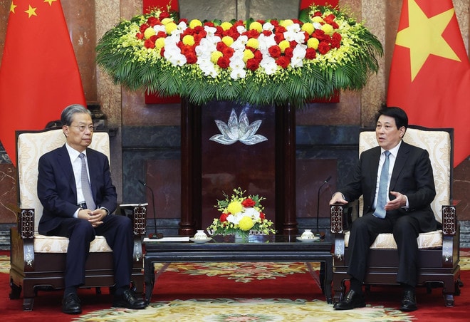 At the meeting (Photo: VNA) vna-potal-chu-tich-nuoc-luong-cuong-tiep-uy-vien-truong-nhan-dai-toan-quoc-trung-quoc-trieu-lac-te-8248957.jpg