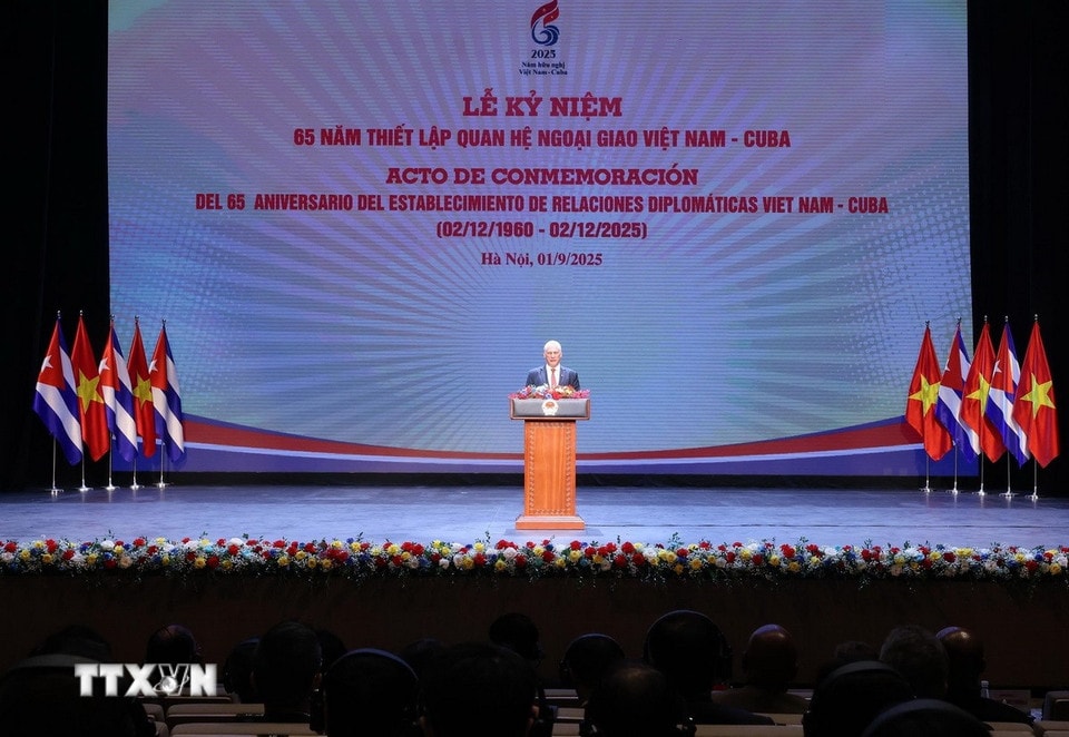Bí thư thứ Nhất Ban Chấp hành Trung ương Đảng Cộng sản Cuba, Chủ tịch nước Cộng hòa Cuba Miguel Díaz-Canel Bermúdez phát biểu. (Ảnh: Lâm Khánh/TTXVN)