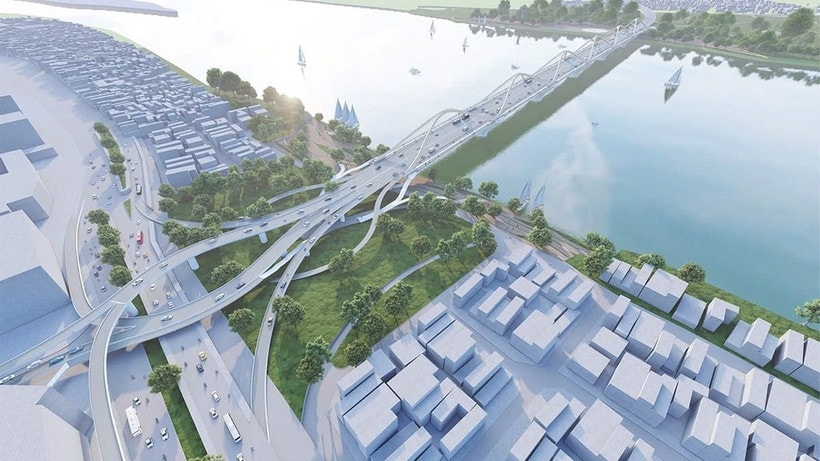 A graphic design of Tran Hung Dao Bridge spanning the Red River in Hanoi.