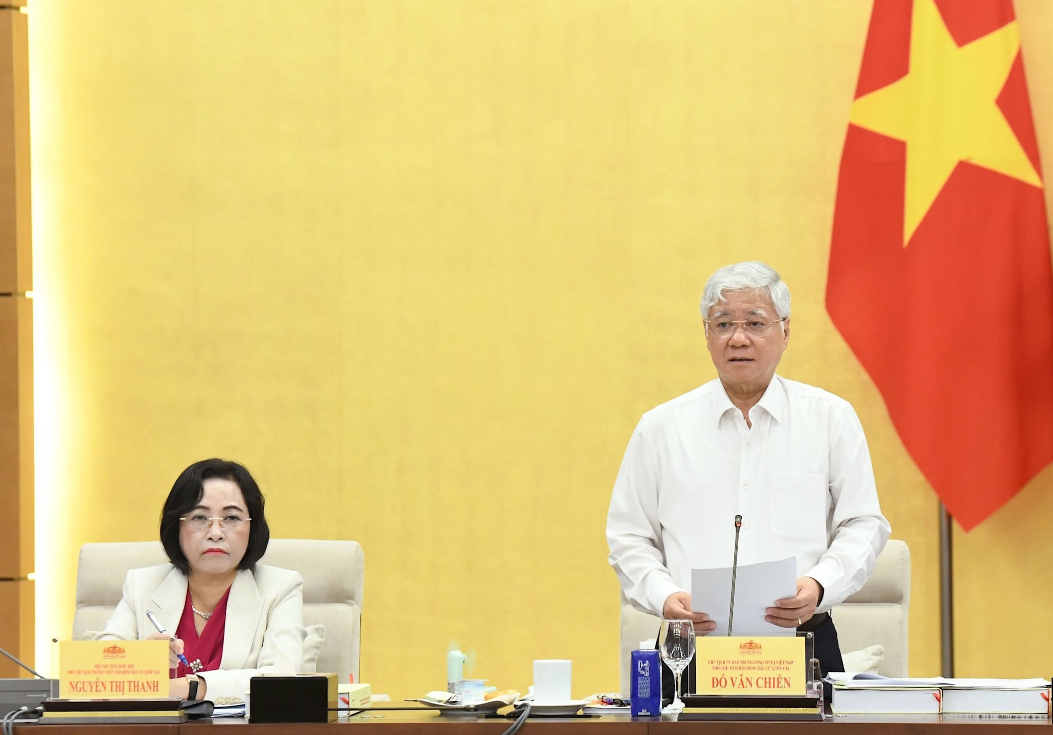 Ủy viên Bộ Chính trị, Bí thư Trung ương Đảng, Chủ tịch Ủy ban Trung ương MTTQ Việt Nam Đỗ Văn Chiến - Phó Chủ tịch Hội đồng Bầu cử quốc gia phát biểu. Ảnh: Lâm Hiển