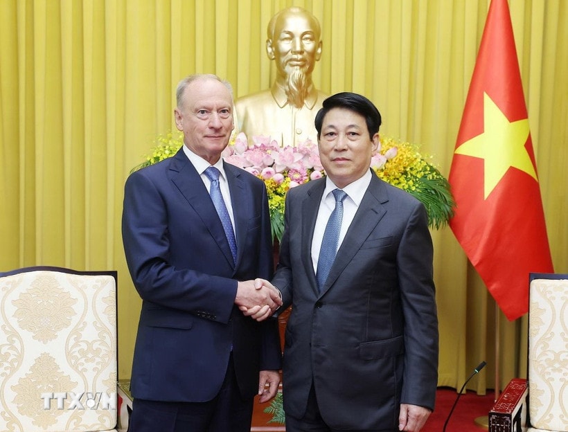 Chủ tịch nước Lương Cường tiếp Trợ lý Tổng thống, Chủ tịch Hội đồng Biển Liên bang Nga Nicolai Patrushev. (Ảnh: Lâm Khánh/TTXVN)