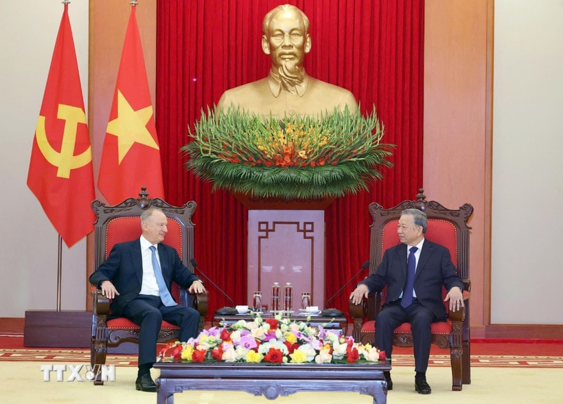 Tổng Bí thư Tô Lâm tiếp Trợ lý Tổng thống, Chủ tịch Hội đồng Biển Liên bang Nga Nicolai Patrushev. (Ảnh: Thống Nhất/TTXVN)