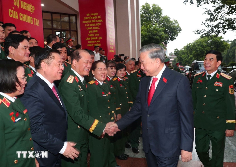 Tổng Bí thư Tô Lâm với các đại biểu dự Đại hội. (Ảnh: Trọng Đức/TTXVN)