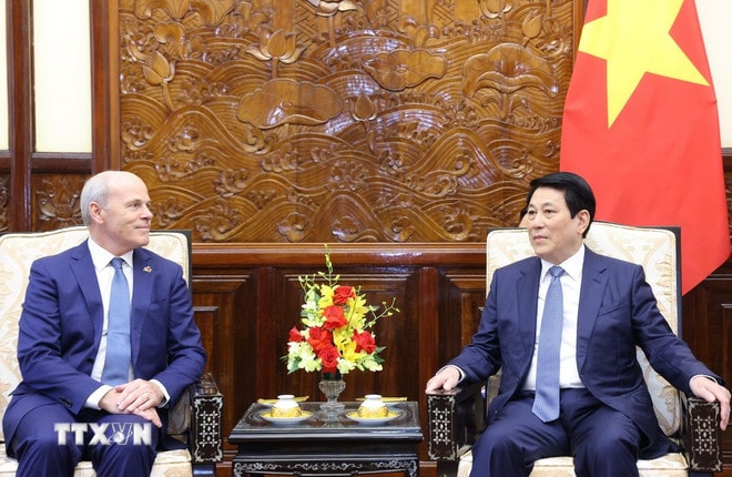 Chủ tịch nước Lương Cường tiếp Đại sứ Canada James Nickel đến trình Quốc thư, nhận nhiệm vụ công tác tại Việt Nam. (Ảnh: Lâm Khánh/TTXVN) ttxvn-0310-chu-tich-nuoc-dai-su-canada-3.jpg