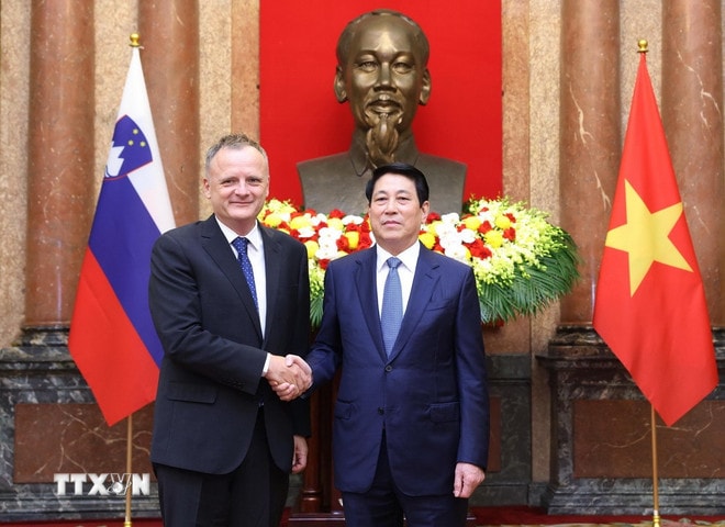 Chủ tịch nước Lương Cường tiếp Đại sứ Slovenia tại Việt Nam Bostjan Malovrh đến trình Quốc thư. (Ảnh: Lâm Khánh/TTXVN) ttxvn-0310-chu-tich-nuoc-dai-su-slovenia-2.jpg