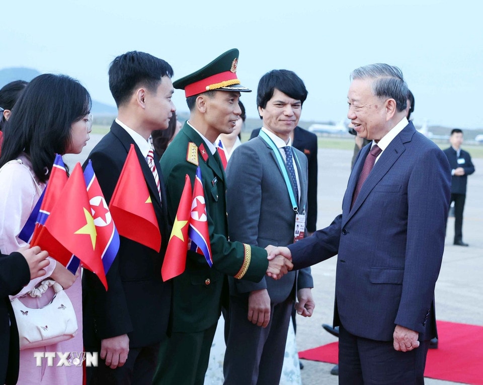 Cán bộ, nhân viên Đại sứ quán Việt Nam tại Triều Tiên đón Tổng Bí thư Tô Lâm tại Sân bay quốc tế Bình Nhưỡng. (Ảnh: Thống Nhất/TTXVN)
