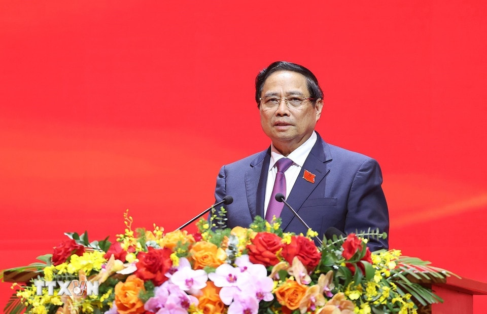 Đồng chí Phạm Minh Chính, Ủy viên Bộ Chính trị, Bí thư Đảng ủy, Thủ tướng Chính phủ phát biểu chỉ đạo. (Ảnh: Dương Giang/TTXVN)