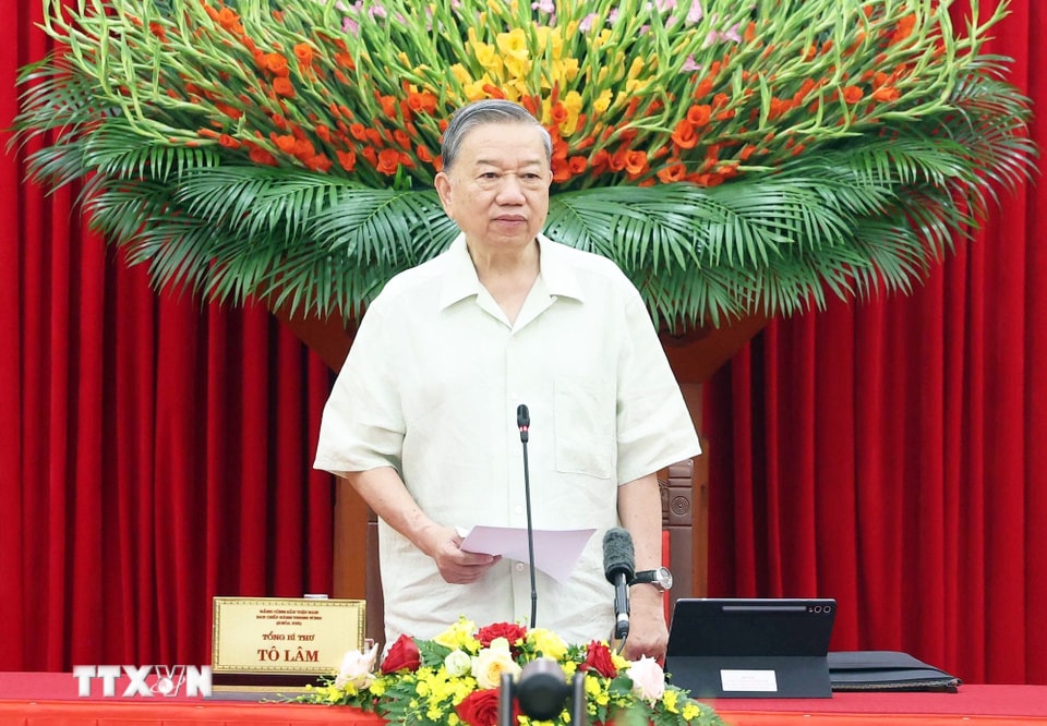 Tổng Bí thư Tô Lâm - Trưởng Ban Chỉ đạo Trung ương về phát triển khoa học, công nghệ, đổi mới sáng tạo và chuyển đổi số phát biểu. Ảnh: Thống Nhất - TTXVN