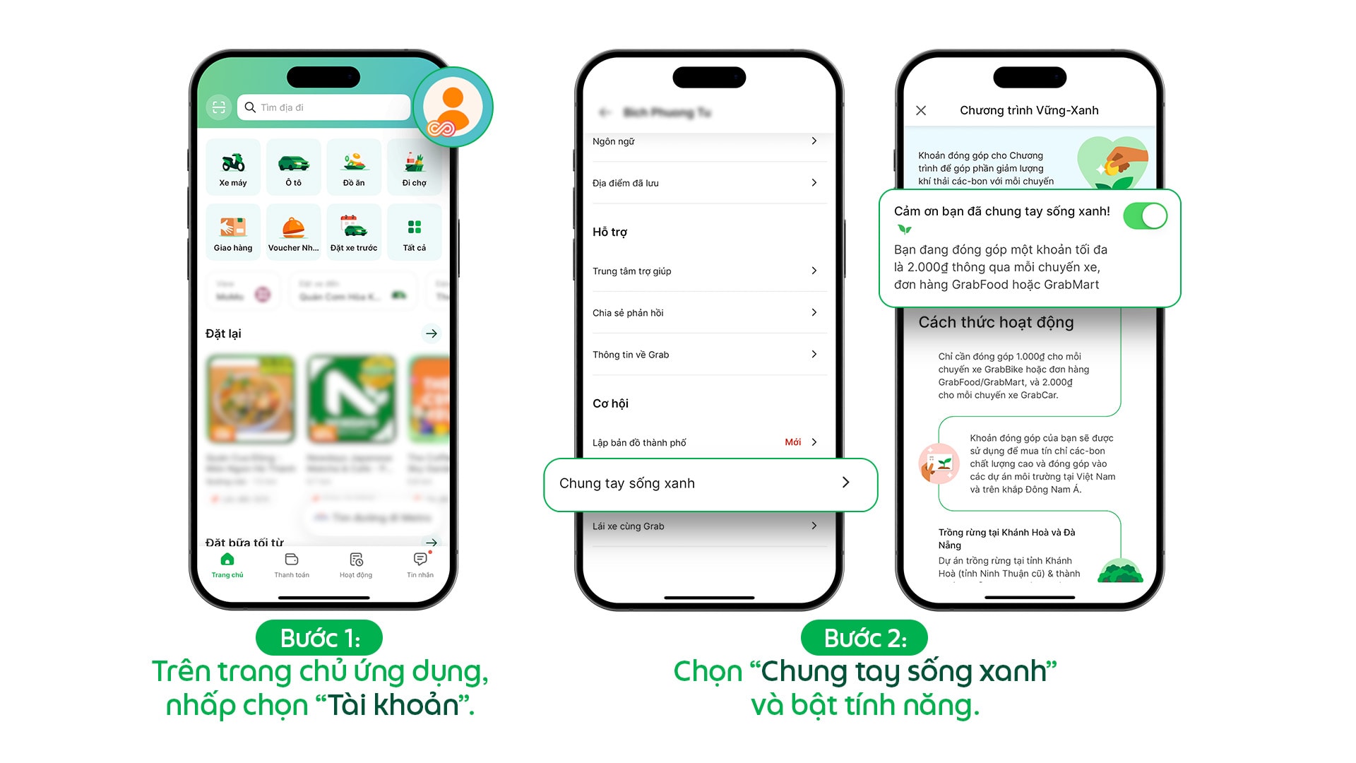 Hướng dẫn lựa chọn tính năng Chương trình Vững-Xanh trên ứng dụng Grab - Cách 1