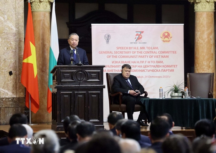 Tổng Bí thư Tô Lâm phát biểu chính sách tại Đại học Sofia. (Ảnh: Thống Nhất/TTXVN)