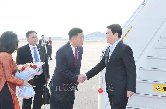 Vietnamese Ambassador to the RoK Vu Ho welcomes State President Luong Cuong (R) at the Gimhae Air Base in Busan. (Photo: VNA)
