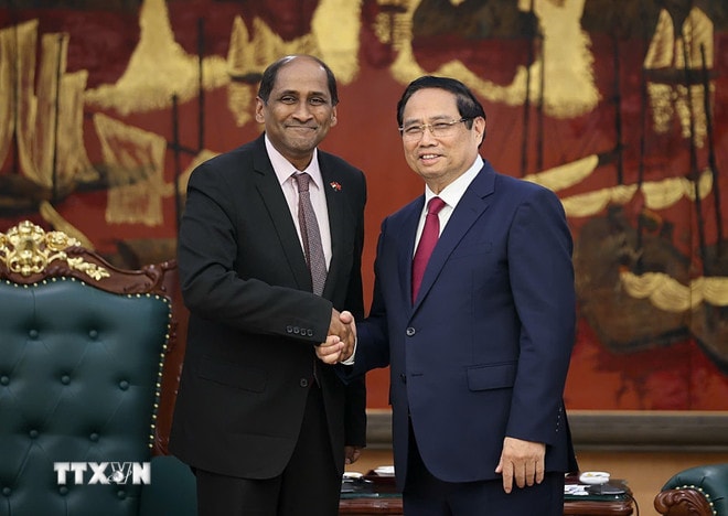 Thủ tướng Phạm Minh Chính tiếp Đại sứ Singapore tại Việt Nam Jaya Ratnam nhân kết thúc nhiệm kỳ công tác. (Ảnh: Dương Giang/TTXVN) ttxvn-thu-tuong-tiep-dai-su-singapore-tai-viet-nam-jaya-ratnam-1.jpg